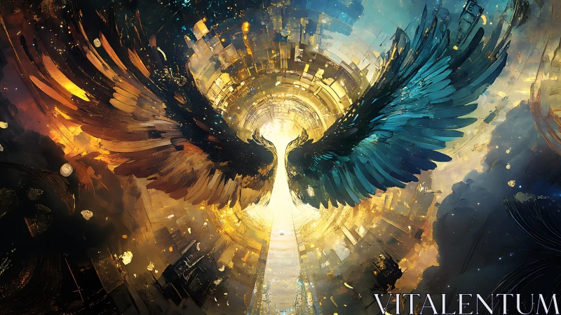 Symmetrical wing forms frame a luminous central vortex