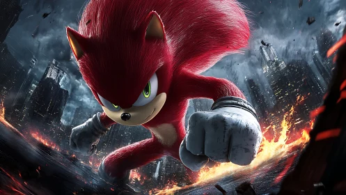 Red hedgehog hero lunges across burning futuristic city.