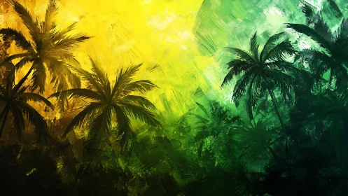 Vibrant tropical palms glow against a golden green sky