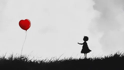 Silhouetted Girl Chasing Her Crimson Heart Balloon Dreams.