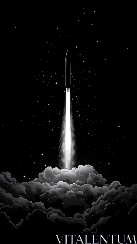 Monochrome rocket ascent above dense cloud layer at night.