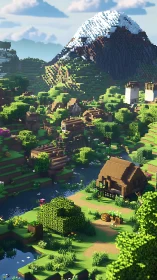 Voxel-rendered riverside village under snow-capped mountain light