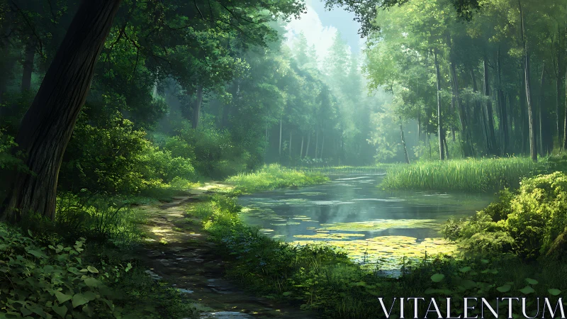 Forest Stream: Sunlit Woodland Channel with Ancient Trees.