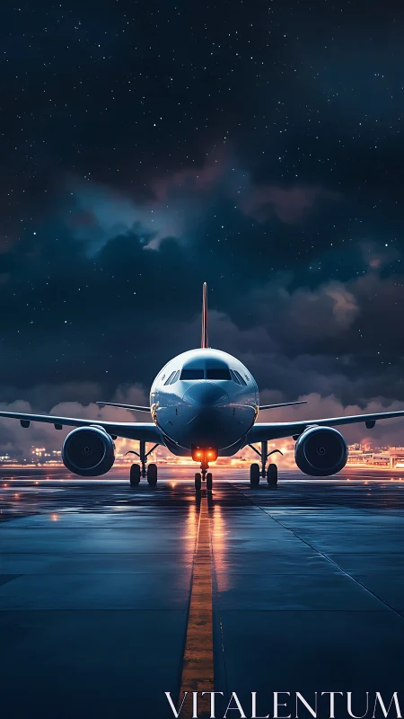 Narrow‑body jetliner on wet taxiway under star‑filled night sky