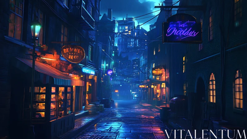 Neon lit rainy alleyway with city skyline in deep blue night