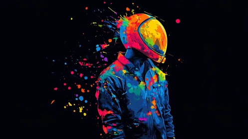 Neon astronaut stands adrift in a burst of cosmic color