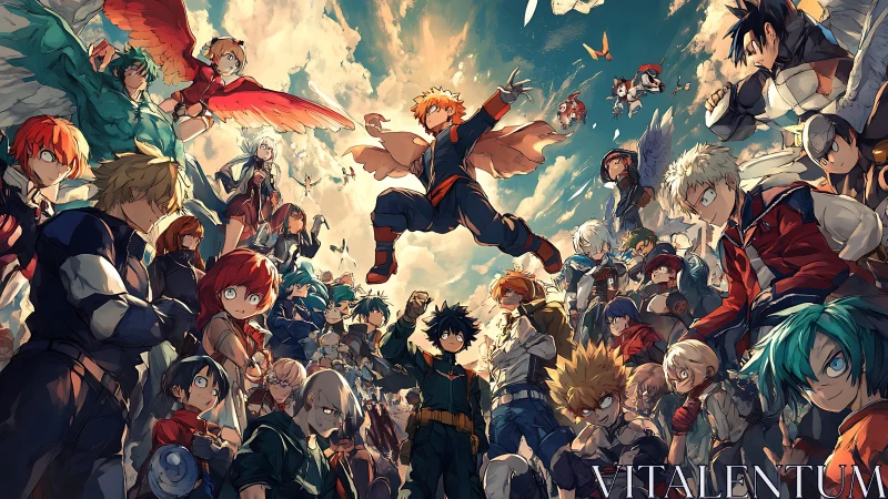Heroic anime ensemble converges under dramatic clouded sky