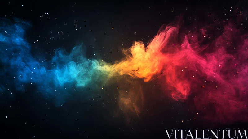 Prismatic cosmic nebula drifts across a dark starfield.