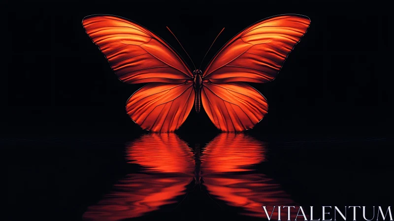 Glowing red butterfly spreads wings above mirrorlike water.