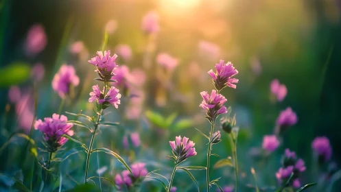 Soft pink wildflowers glowing in gentle golden sunlight.