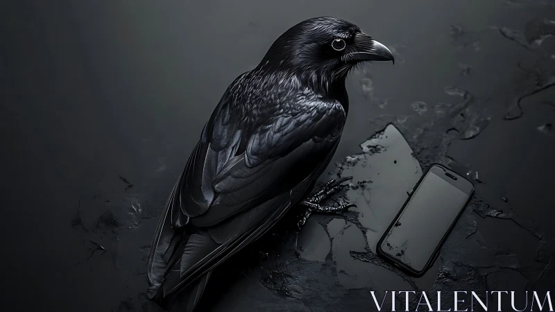 Corvid spectral gloss beside inert smartphone on wet substrate.