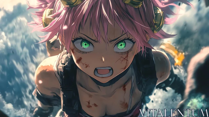Battle-hardened anime girl charges forward through chaos.