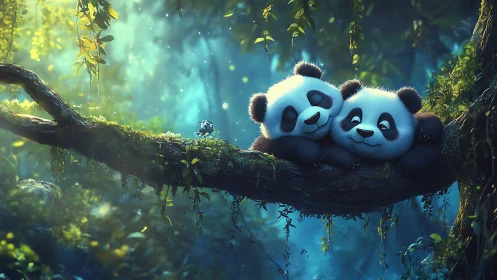 Panda cub dreams drift together on a mossy forest branch