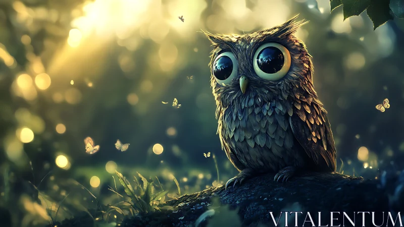 Whimsical big-eyed owl in magical forest, dreamy digital art.