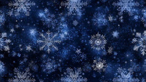 Digital pattern of crystalline snowflakes on dark blue field.