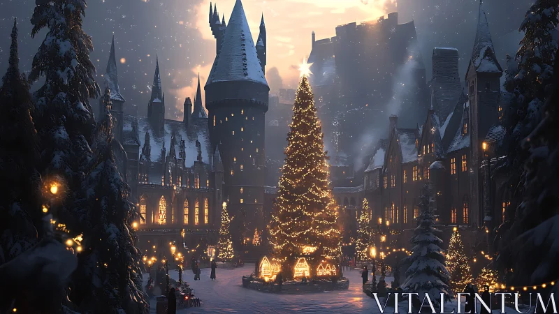 Snowy castle square glows around a towering Christmas tree