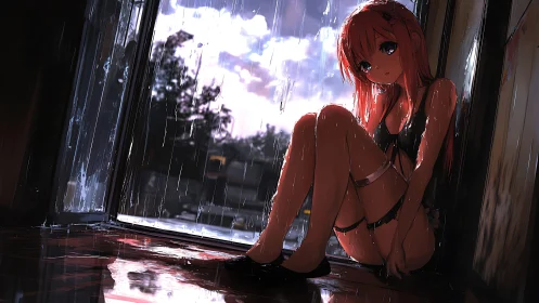 Rain-soaked girl in doorway under dusk city downpour.