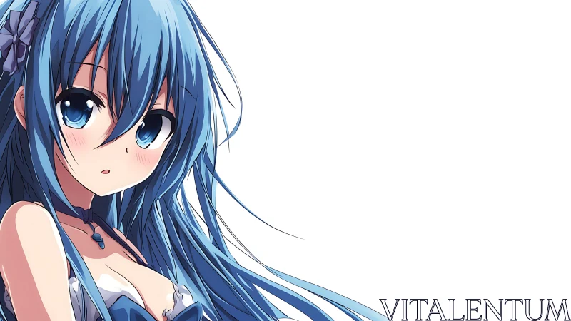 Blue haired anime character is rendered against white background