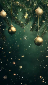 Golden baubles on evergreen branches with glittering bokeh field
