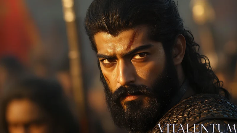 Battle-hardened warrior in shallow depth, directional rim lighting