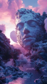 Dream-soaked canyon cradles a colossal sleeping stone face