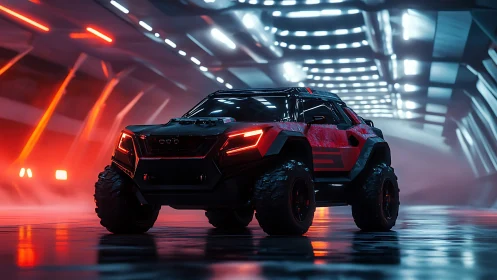 Aggressive off-road concept SUV rendered in neon-lit tunnel environment