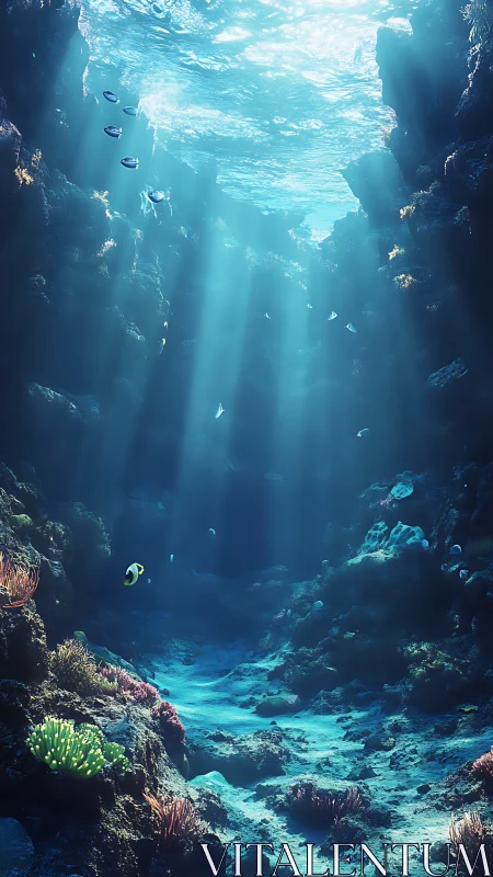 Photorealistic undersea canyon with volumetric light shafts.