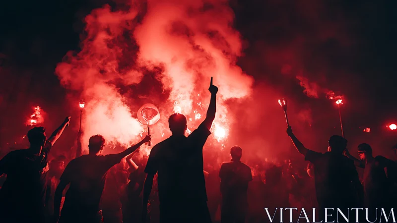 Crimson night crowd rising with torches and electric energy.