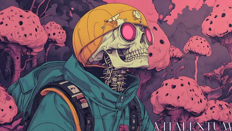 Cybernetic hiker skeleton in teal jacket amid giant coral fungi