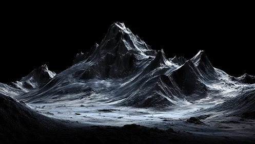 Stark lunar mountains rise from a frozen, shadowed plain.
