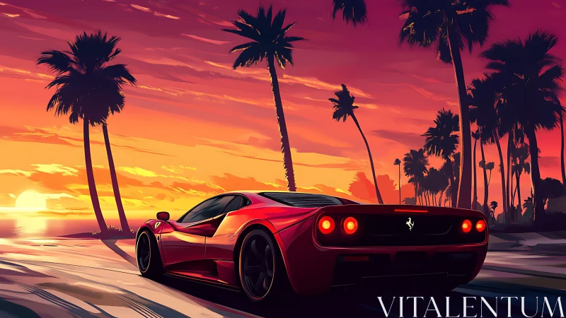 Aerodynamic supercar under chromatic sunset gradient sky.