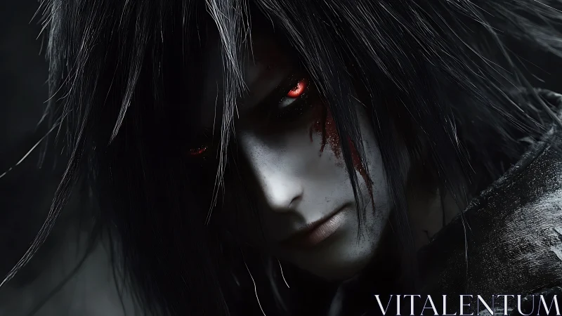 Pale character with glowing red eyes stares in close-up