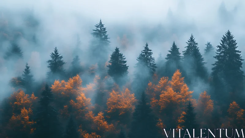 Coniferous forest with fog and autumn foliage layering.