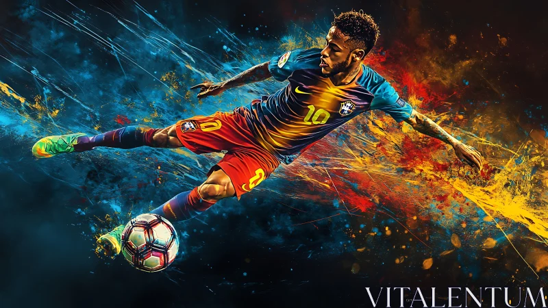 Dynamic soccer striker in explosive abstract color motion.