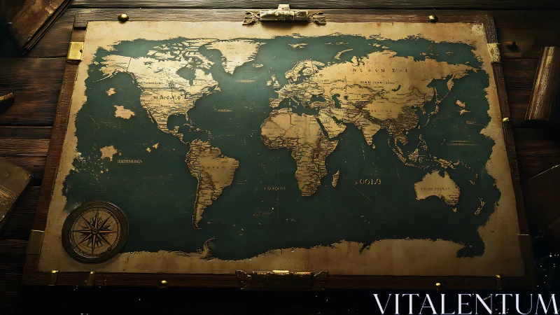 Vintage world map on wooden desk with compass detail.