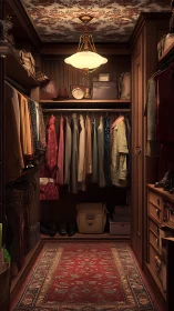 Warm vintage walk in closet with tailored coats and bags.