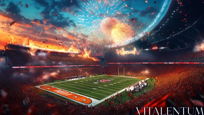 Panoramic football stadium under fireworks in vivid digital rendering