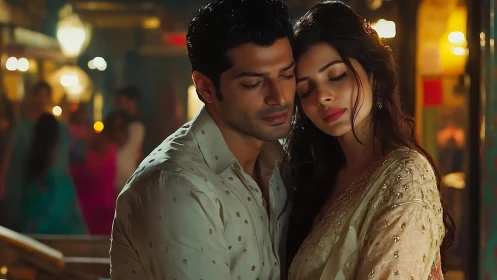 Couple Embracing Under Ambient Urban Lighting with Traditional Attire