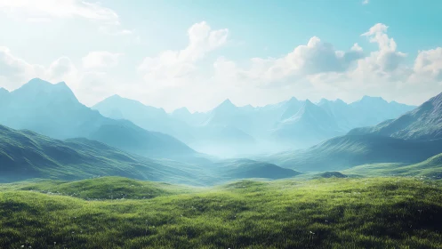 Soft morning light rolls across peaceful green valleys