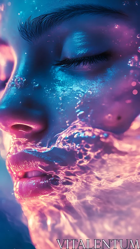 Neon water caresses a dreaming face in liquid starlight