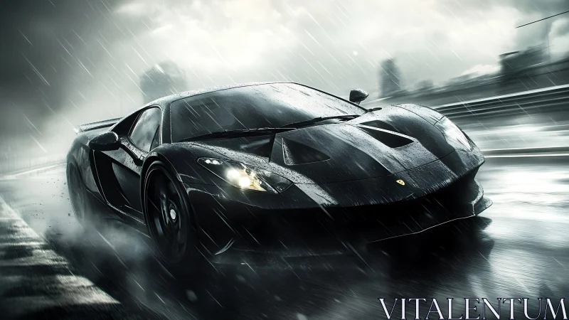 Midnight supercar slices through rain on a neon wet track