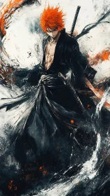 Sword-bearing figure stands in swirling abstract black forms