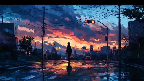 Backlit figure crosses wet urban street under saturated sunset sky