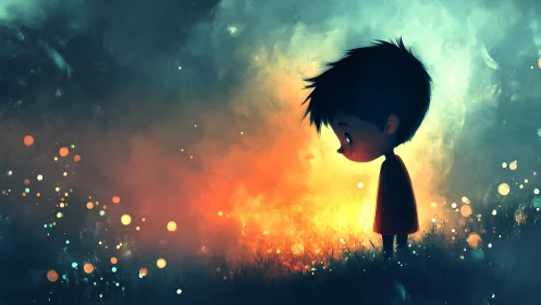 Small child studies glowing field under moody twilight sky