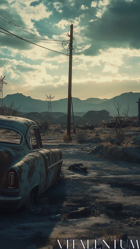 Rusted desert sedan dreaming beneath post-apocalyptic sky.