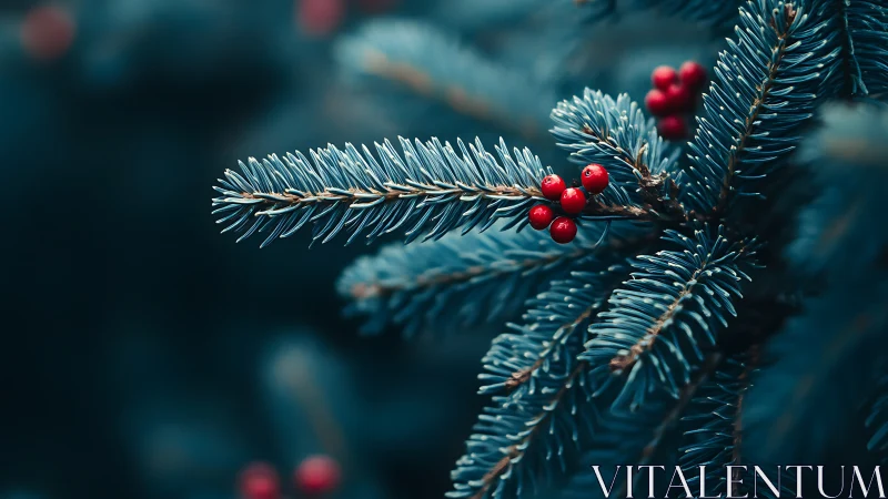 Scarlet berries whisper quietly through teal winter needles