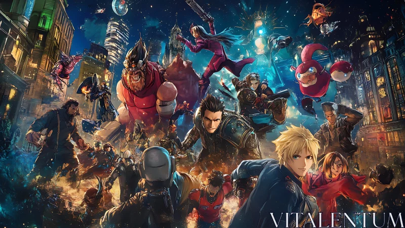 Vibrant anime heroes charge through a restless neon city night.