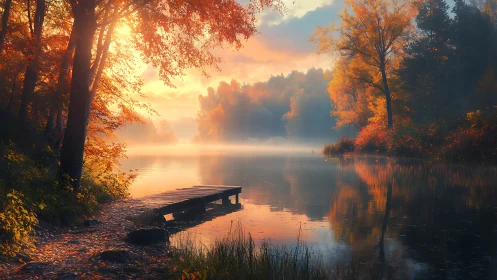 Autumn lake sunrise with misty forest reflections and pier.