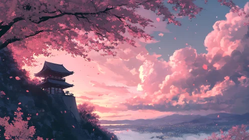 Sunset temple overlooks a glowing valley beneath cherry blossoms