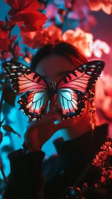 Neon bokeh portrait with iridescent butterfly mask silhouette.